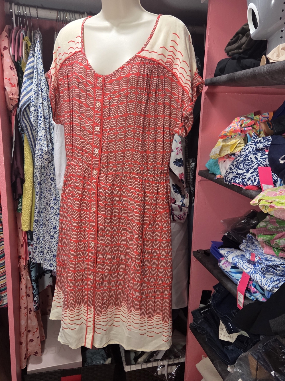 Maeve Coral and Cream Short-Sleeve Button-Front Dress
